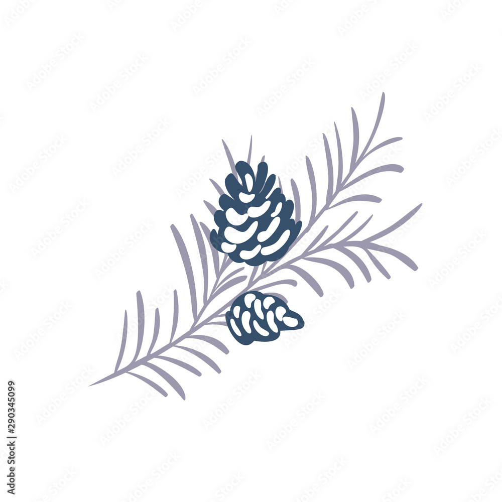 Hand drawn Christmas vector element of pine cone with branch and place for your text. Concept xmas winter holiday for design. Happy New Year