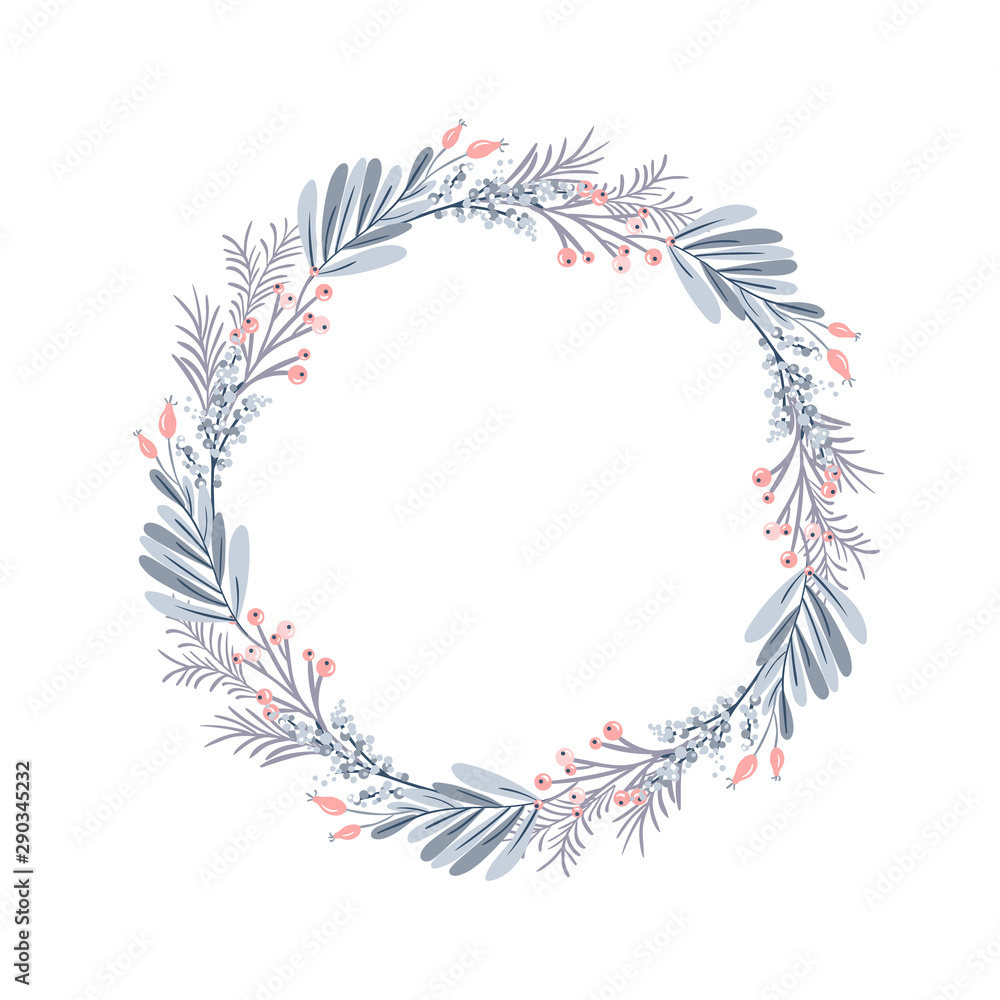 Christmas vector wreath and red berries on evergreen branches with place for text. Isolated xmas illustration for greeting card