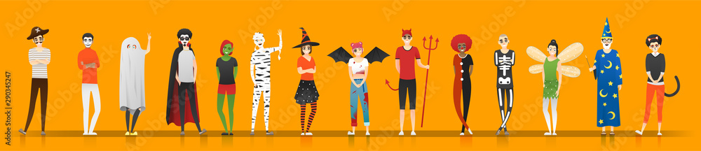 Happy Halloween , group of teens in Halloween costume concept isolated on orange background , vector, illustration Happy Halloween , group of teens in Halloween costume concept isolated on orange background , vector, illustration