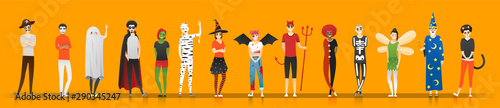Fotografija Happy Halloween , group of teens in Halloween costume concept isolated on orange