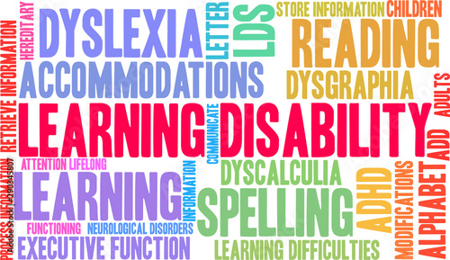 Learning Disability Word Cloud on a white background.  photo
