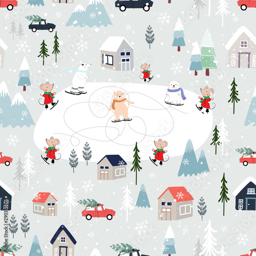 Seamless pattern Cute Christmas landscape in the town with fairy tale houses, polar bear playing ice skates, trees and cars, Vector Panorama flat design in winter city life on Christmas