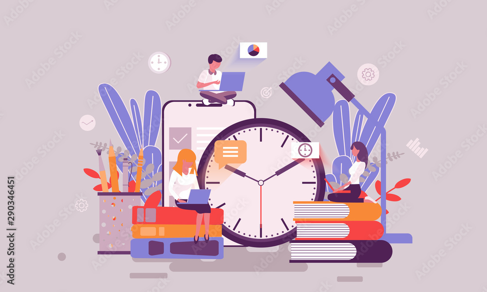 Naklejka premium Flat web page design template of time management homepage or header decorated people character for website and mobile website development. Flat landing page template. Vector illustration.