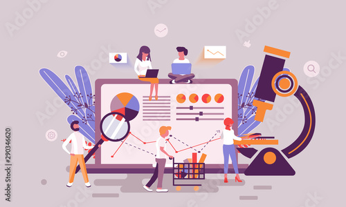 Flat web page design template of financial research homepage or header decorated people character for website and mobile website development. Flat landing page template. Vector illustration.