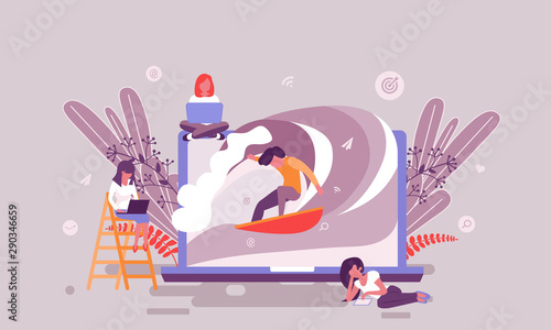 Flat web page design template of internet surfing homepage or header decorated people character for website and mobile website development. Flat landing page template. Vector illustration.