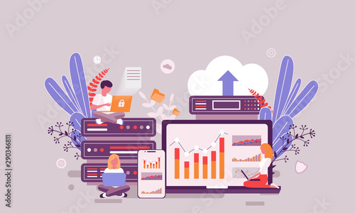 Flat web page design template of web hosting homepage or header decorated people character for website and mobile website development. Flat landing page template. Vector illustration.