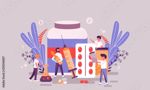 Flat web page design template of pharmacy homepage or header decorated people character for website and mobile website development. Flat landing page template. Vector illustration.