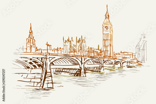 Rysynek ręcznie rysowany. Widok na most w Londynie obok wieży Big Ben i  westminster