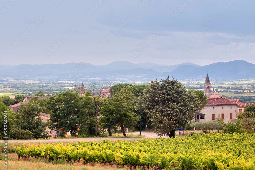 View of the vineyard and the old town of Barjac, southern France. Beautiful landscape with a bell tower and mountains on the horizon