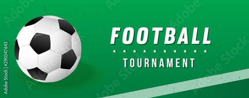 Football tournament banner vector illustration. Ball in football pitch background.