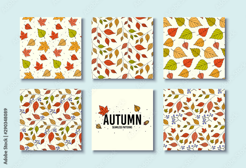 Autumn textures. Vector design for card, poster, flyer. Trendy hand drawn seamless patterns. Fall leaf textures. Floral flyer decoration. Background with autumn leaves. Leaf design. Seamless vector - obrazy, fototapety, plakaty 