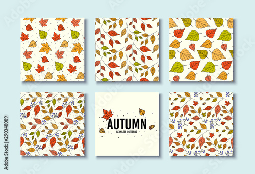Autumn textures. Vector design for card, poster, flyer. Trendy hand drawn seamless patterns. Fall leaf textures. Floral flyer decoration. Background with autumn leaves. Leaf design. Seamless vector