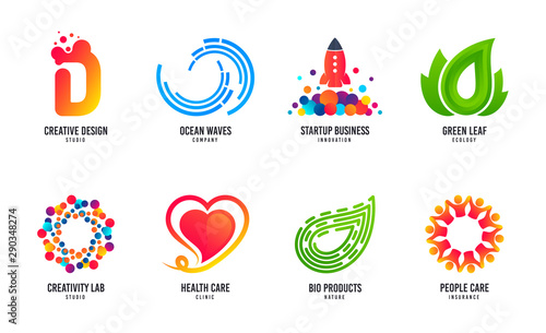 Wave logo design. Surfing company, Bio products, Health care vector icon. Design studio logo. Business brand. Startup rocket. People care logotype. Love heart icon. Green leaf ecology. Wave vector