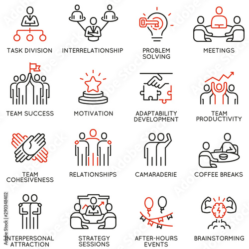 Vector set of linear icons related to team work, team leader and human resource management. Mono line pictograms and infographics design elements - part 2
