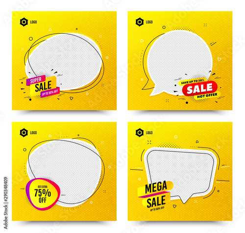Promotion square web banner templates. Sale and discount promo backgrounds. Email newsletter layouts. Banner for social media mobile apps. Sale speech bubble templates. Vector layouts
