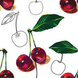 Seamless pattern with ripe cherries. Stylish multi-colored pattern in the style of pop art.