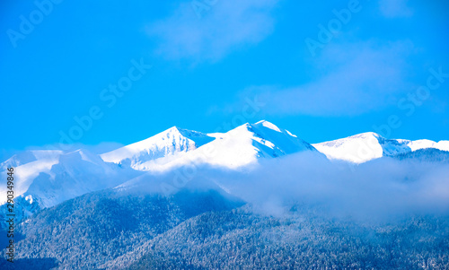 snowy mountains in the fog