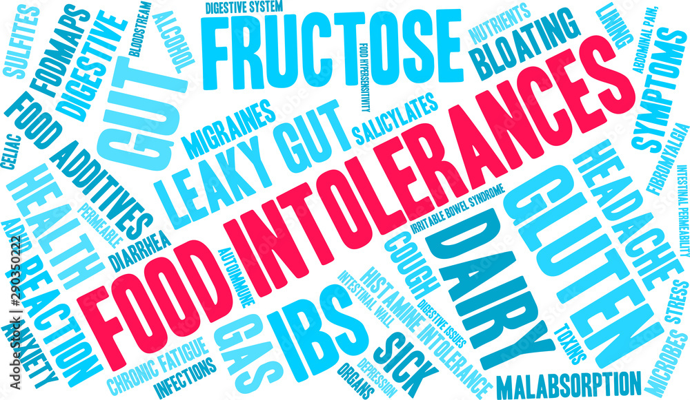 Food Intolerances Word Cloud on a white background. Food Intolerances Word Cloud on a white background.
