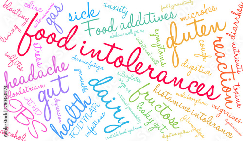 Food Intolerances Word Cloud on a white background. 
