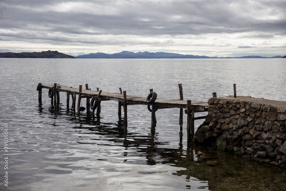 Wooden dock at Isla del Sol on Titicaca lake