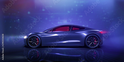 Modern sports car on futuristic background  3D Illustration 