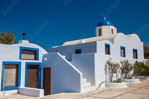 The Profitis Ilias church located next to walking path No. 9 between Fira and Oia in Santorini Island