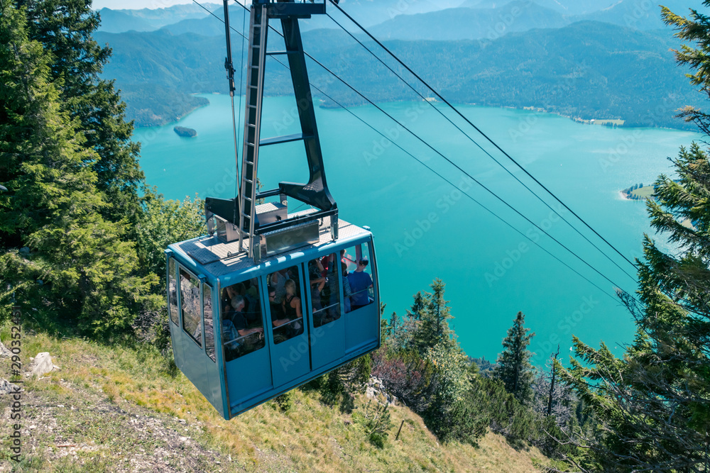 Aerial photo overlooking the Herzogstand cable car over Lake Walchen in Bayern, Germany