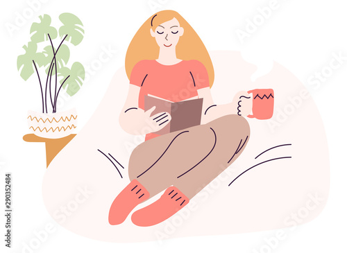 Flat scandinavian style cartoon cute character, woman reading comfortably at home seated on sofa surrounded by plants. Minimal vector illustration.
