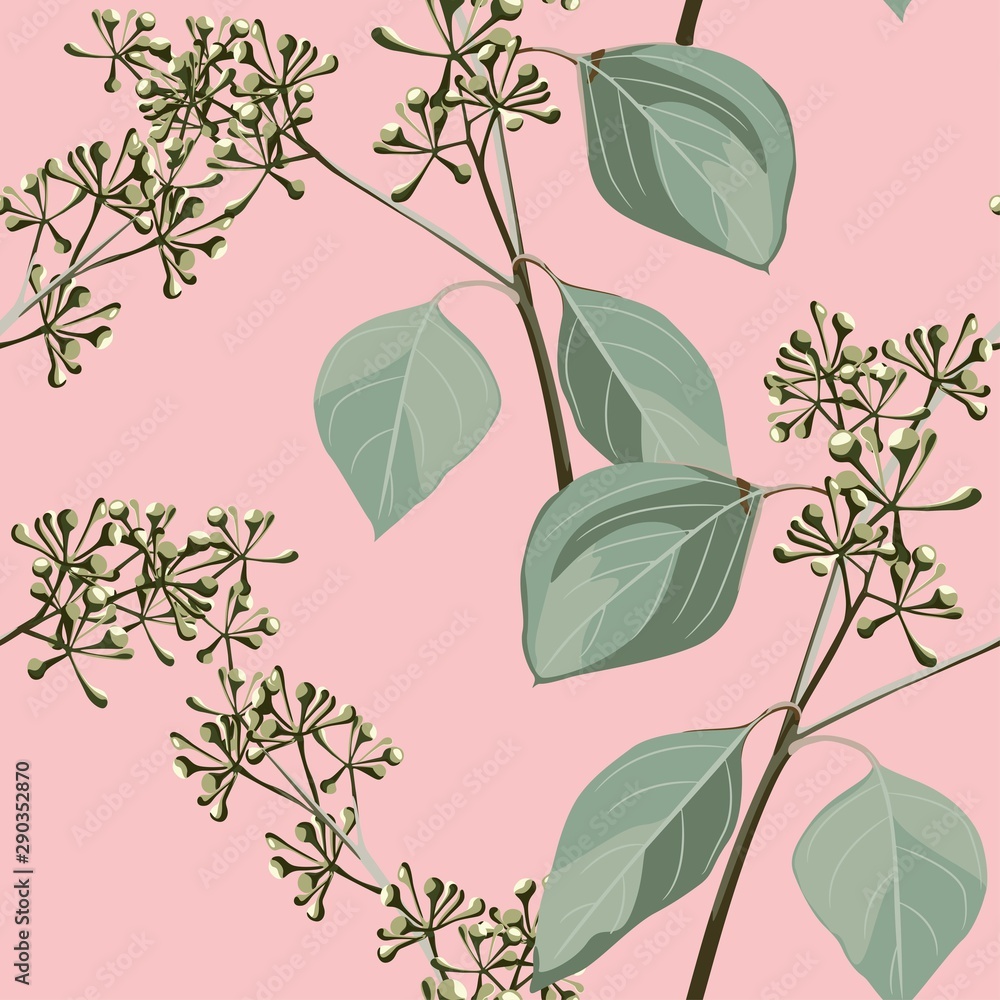 Floral abstract seamless pattern with herbs branch on pink background.