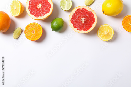 Composition with vegetables and fruits on white background, space for text