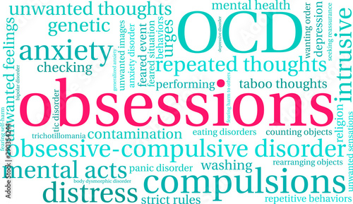 Obsessions with OCD Word Cloud on a white background. 