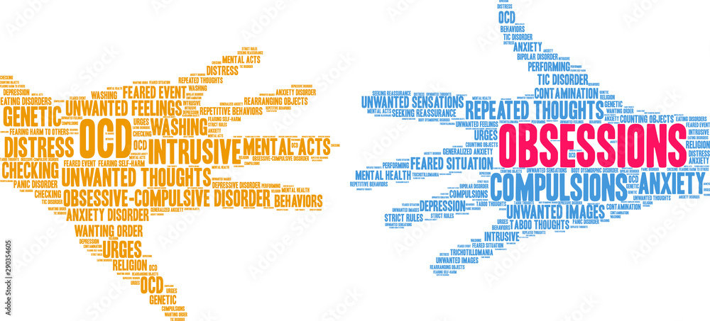 Obsessions in OCD Word Cloud on a white background. 