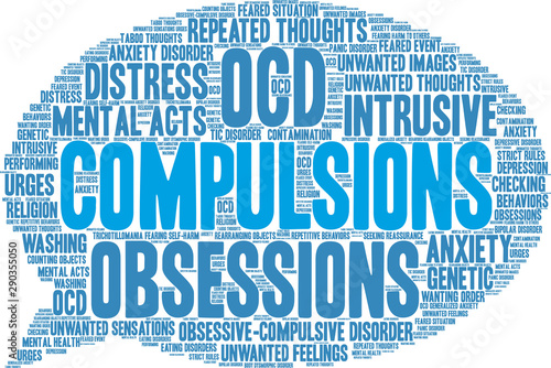 Compulsions with OCD Word Cloud on a white background. 