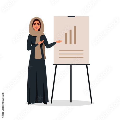 Young Arab woman working in the office. A Saudi woman makes a presentation and points to a chart Board. Color vector illustration in flat cartoon style.