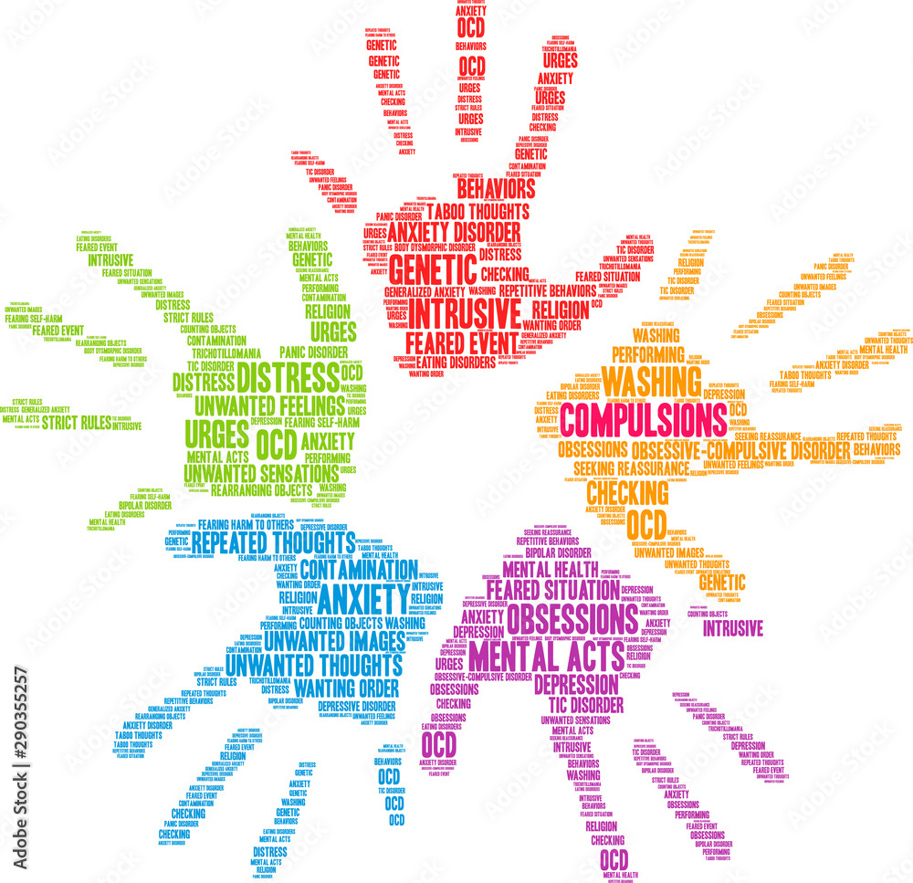 Compulsions with OCD Word Cloud on a white background. Compulsions with OCD Word Cloud on a white background.