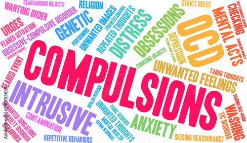 Compulsions with OCD Word Cloud on a white background. 