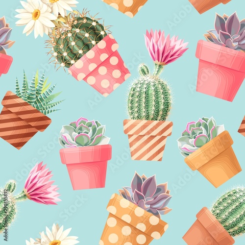 High detail succulent and cactus seamless pattern