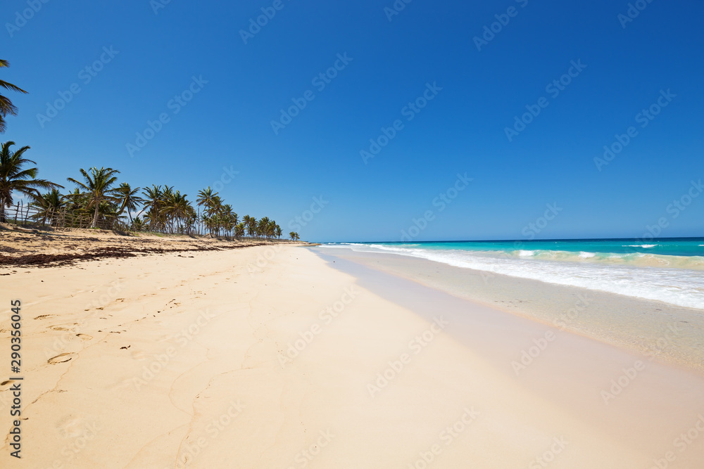 Playa Macao at sunny day, sandy beach and ocean waves