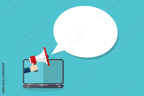 Hand holding megaphone. Laptop notebook computer screen and speech bubble background. Vector illustration