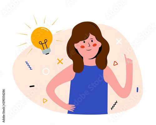 Idea Generation Concept. Smiling girl with light bulb. Young Woman had an idea. Flat vector illustration