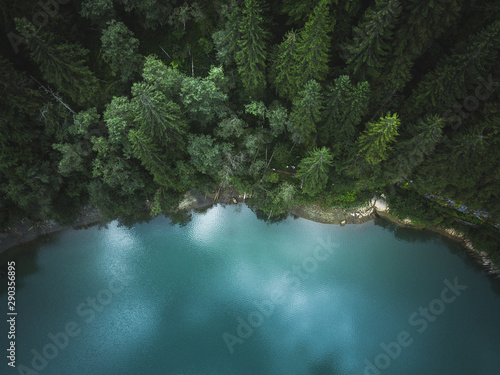 Cuadro en lienzo Aerial drone view of blue lakes and green forests