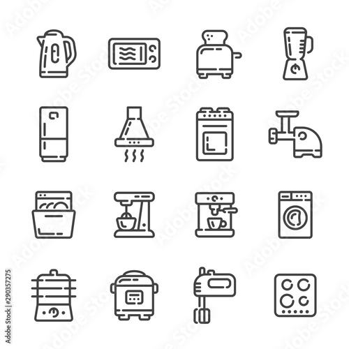 Set of kitchen or cooking appliances outline icons. Vector illustration.