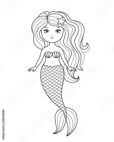 Little cute mermaid coloring page. Coloring book for kids vector illustration.