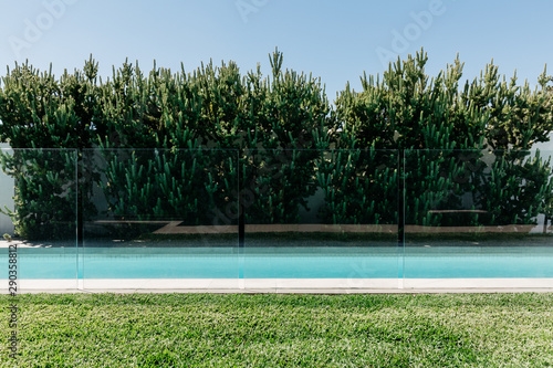 Lap pool, lush grass and border trees detail