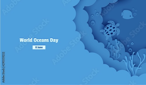 World Oceans Day 8 June. Paper craft depth under water sea cave with fishes, coral reef, seabed in algae, waves. Diving concept, deep blue marine life. Vector sea wildlife. photo