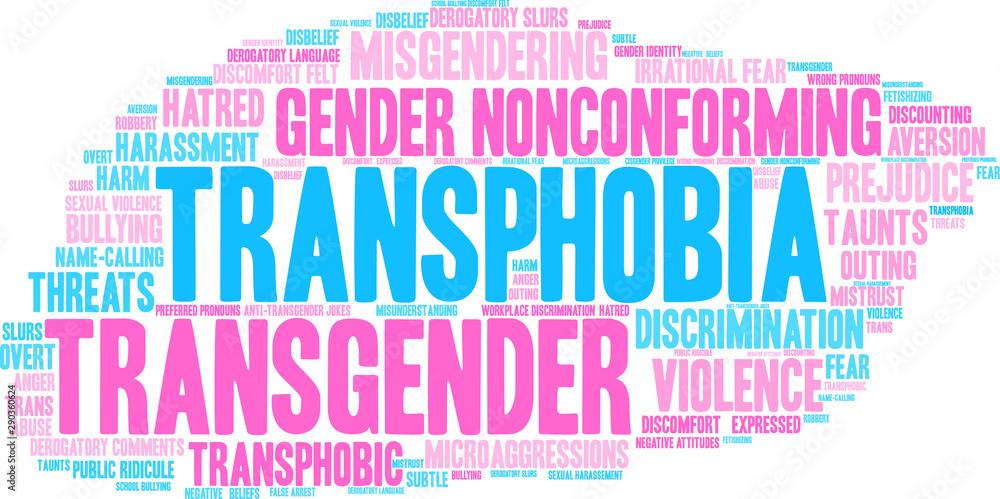 Transphobia Word Cloud on a white background. Transphobia Word Cloud on a white background.
