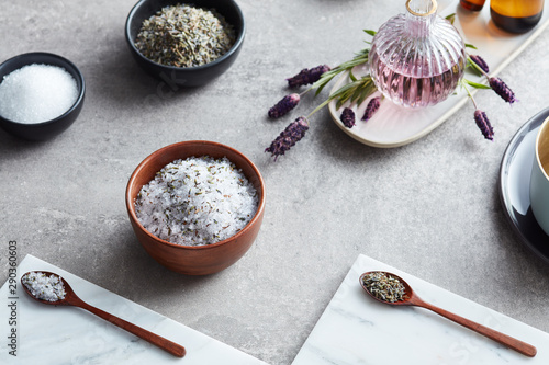 Ingredients of lavender bath salt. photo