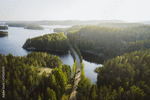 Roadtrip through Finland Lake Saimaa from above driving those empty endless roads