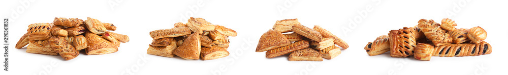 Set of fresh delicious puff pastries on white background. Banner design Set of fresh delicious puff pastries on white background. Banner design