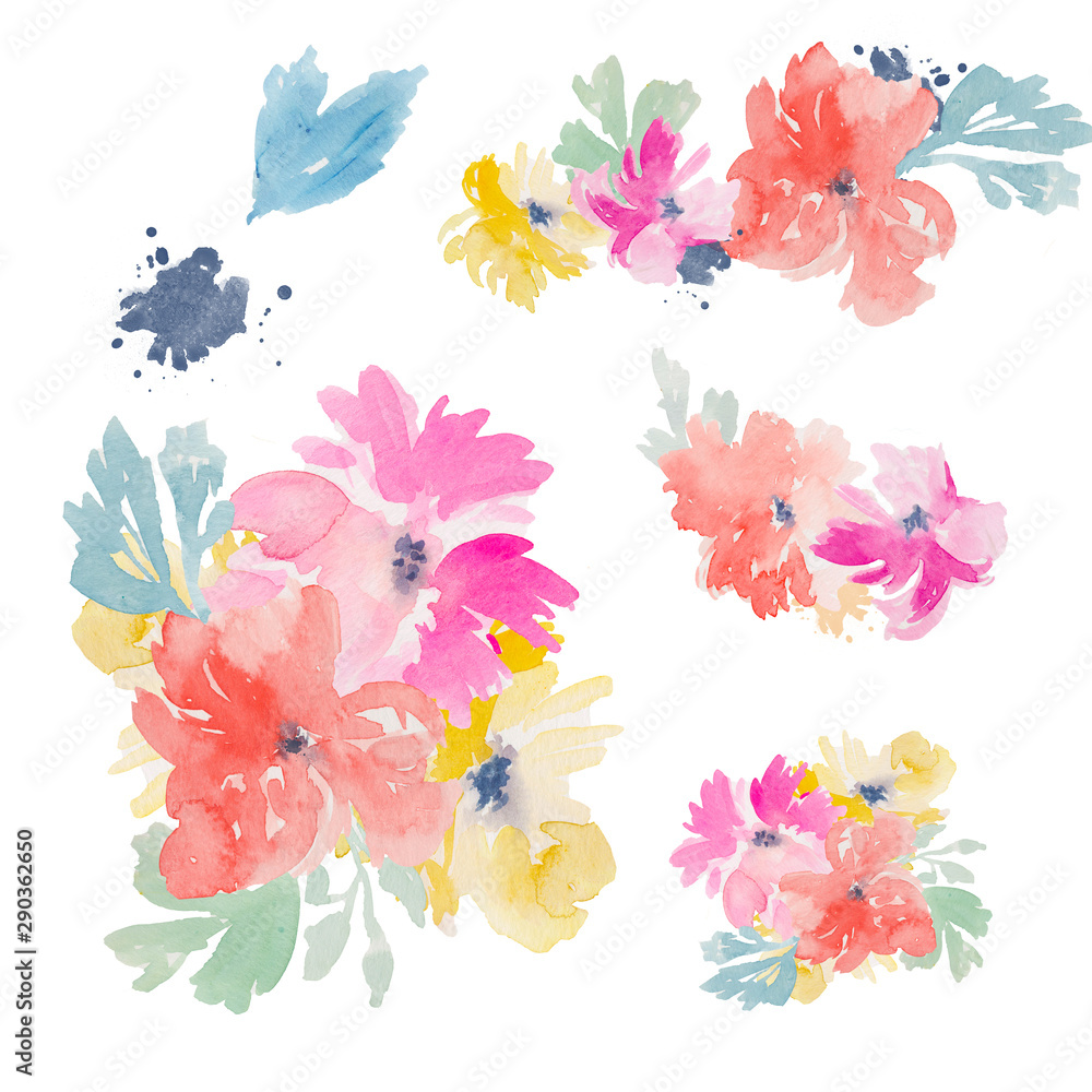 Colorful Abstract Painted Flowers. Isolated White Background